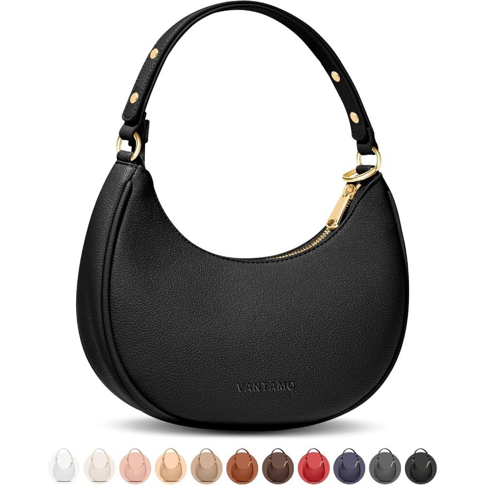 Ⓜ️Women's Black Faux Leather Half Moon RFID Protection Crescent Clutch Purses